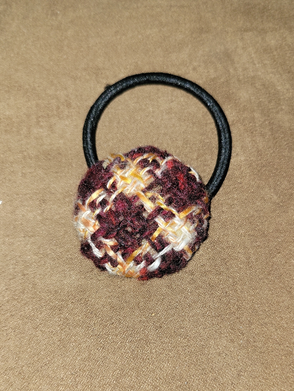 Talbots Woven Button Hair Tie in Burgundy, Cream & Gold